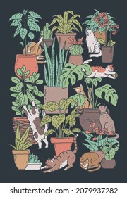 Poster with cats and houseplants. Indoor garden potted plants and cute playing pets on black background. Design banner with vector outline doodle illustration.