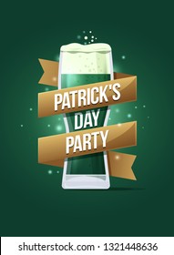 Poster to celebrate happy St. Patrick's Day. Glass of beer with gold ribbon and inscription: "Patrick's Day Party". Vector holiday illustration.