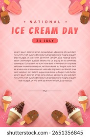 Poster Celebrate National Ice Cream Day with this vibrant poster featuring ice cream cones. Perfect for summer promotions, events, and festive celebrations of everyone's favorite dessert.