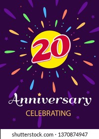 Poster –anniversary celebrating! A bright postcard, a number 20 in the middle of a beautiful fireworks display. Vector illustration on dark background.