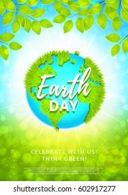 Poster for celebrating Earth Day. Vector illustration with planet Earth with ground from grass. Flyer with tree branches and bright sun.