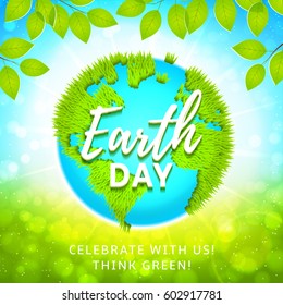 Poster for celebrating Earth Day. Vector illustration with planet Earth with ground from grass. Background with tree branches and bright sun.