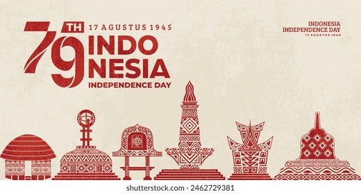 Poster celebrating Indonesia's independence on August 17 with illustrations of the national monument, Rumah Gadang, Equator Monument, Borobudur Temple, Hanoi House and Bale Lumbung.