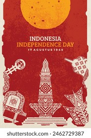 Poster zur Feier der Unabhängigkeit Indonesiens am 17. August mit Illustrationen des Nationaldenkmals, Rumah Gadang, Äquatordenkmal, Borobudur-Tempel, Hanoi House und Bale Lumbung.