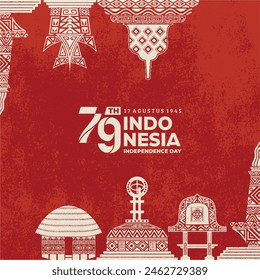 Afiche que celebra la independencia de Indonesia el 17 de agosto con ilustraciones del monumento nacional, Rumah Gadang, Monumento al Ecuador, Templo Borobudur, Casa Hanoi y Bale Lumbung.