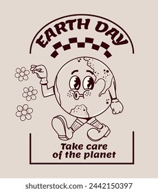 Poster zur Feier des Earth Day am 22. April. Rettet und bewahrt den Planeten. Charakter im groovigen Stil.  Planet. Ökosystem. Grün. Mutter Erde. Funky Maskottchen. In: World of Environment Comic. Y2k