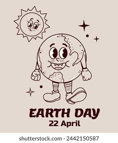 Poster for the celebration of earth day on April 22. Save and love the planet. The character is walking in groovy style.  Mother globe. Funky mascot. Eco green Comic. Y2k hippie elements. Retro Hands 
