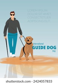 Poster für die Feier des internationalen Blindentags.Silhouette von Hund und Person, die auf hellfarbigem Hintergrund spazieren.