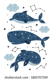 poster with celestial whale, cachalot and dolphin
-  vector illustration, eps