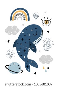 poster with celestial whale and other magic elements
-  vector illustration, eps