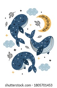 poster with celestial whales, moon and clouds
-  vector illustration, eps