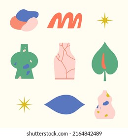 Poster with ceramic objects and abstract shapes. Vases, pottery. Simple shapes, cracked texture, stars and tropical leaves. Home decorating, arts and crafts. Colorful vector illustration.