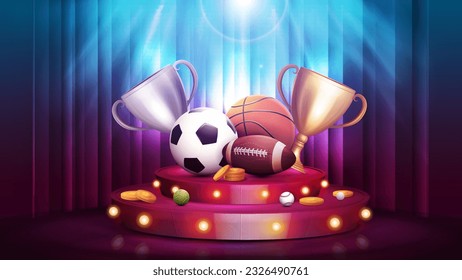 Poster with champion cups and sport balls on red round podium with curtain on background