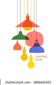 Poster mit Kronleuchtern für den Laden mit modernem Design. Vektorgrafik mit unterschiedlichem Glanz. Leuchtgeschäft. Die Innendekoration.