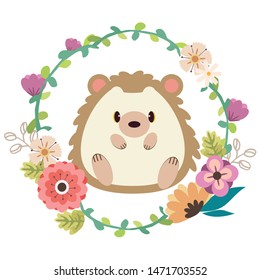 The poster for character of cute hedgehog sitting in to the center of flower wreath in flat vector style.