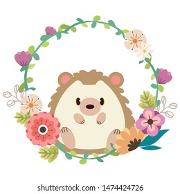 The poster for character of cute hedgehog sitting in to the center of flower wreath in flat vector style.