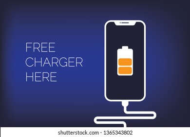 Poster for charging mobile phones using a USB connection. The battery icon shows the charging process. Free Charger. Flat style. Top view. Vector illustrations Eps 10