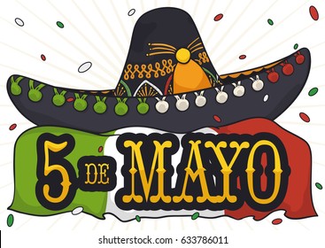 Poster with charro or mariachi hat and Mexican flag under a confetti shower to celebrate Cinco de Mayo (written in Spanish).