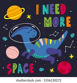 poster with a cheerful dinosaur in space  - vector illustration, eps    
