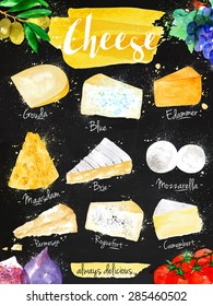 Poster cheese watercolor lettering gouda, blue, edammer, maasdam, brie, mozzarella, parmesan, roquefort, camembert, always delicious drawing in vintage style on black background.