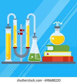 Poster with chemical equipment. Test tube and flack, chemical burner, laboratory, liquid. Studies and scientific experiments. Flat vector cartoon illustration. Objects isolated on background.
