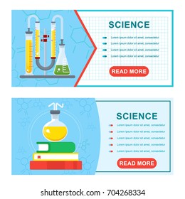 Poster with chemical equipment. Test tube and flack, chemical burner, laboratory, liquid. Studies and scientific experiments. Flat vector cartoon illustration. Objects isolated on background.