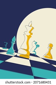 Poster with chess pieces on the board. Placard design in doodle style.