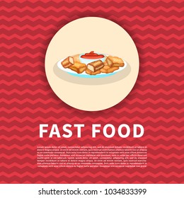 Poster of chicken nuggets with sauce . Cute colored picture of fast food. Graphic design elements for menu, poster, brochure, ad. Vector illustration of fast food for bistro, snackbar, cafe