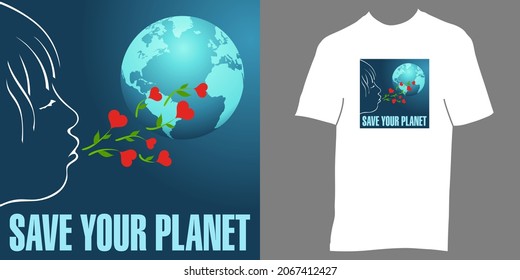 Afiche con un niño soplando flores en forma de corazón hacia el planeta tierra y su aplicación comercial en una camiseta. 