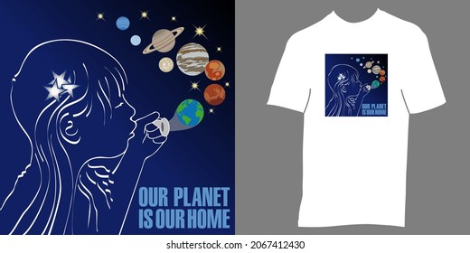 Poster with a child blowing soap bubble utensil, the planet earth and the other planets of the solar system as well as its commercial application on a T-shirt. 