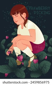 poster with child on farm, child picking berries, girl picking strawberries, strawberry bushes, gardening, summer banner