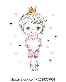 A poster for children, the little prince is holding a big heart, coloring book. Cute hand drawing with a boy in love. Doodle vector illustration