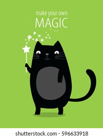 Poster for children "make your own magic". The cat is a magician. black cat. 
