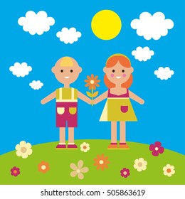Poster with children on a green lawn. Vector illustration. 