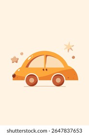 A poster or children's card with a car drawn in soft bohemian colors with tiny elements around.