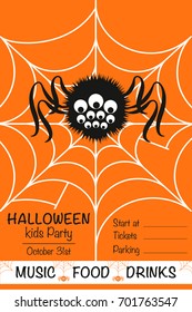 Poster "Children's Halloween party" with a picture of a spider in web on orange background. Vector.