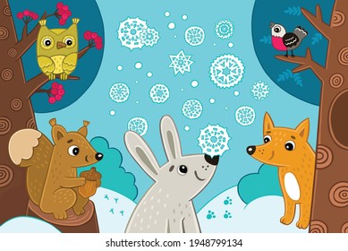 poster children's illustration with forest animals in the winter forest