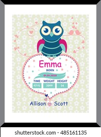 Poster For Children's Room. New Born Baby Invitation Shower Card. Vector Fashion, Scrapbook Decor. Baby Greeting Postcard. Happy Birthday Background. Design Template.