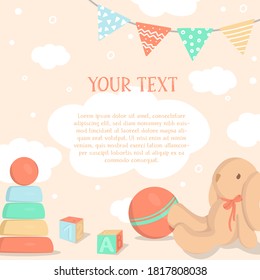 Poster with children's toys and space for your text. Colorful vector illustrations. Template.