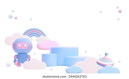 Poster with children's toys. Vector 3D illustration with robot, spinning top and cubes. Ideal as decor or invitation on a white background with space for text.