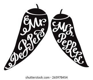 Poster with chili pepper. Lettering mr. and mrs. pepper