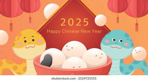 Poster for Chinese Lantern Festival or Winter Solstice or New Year, snake and glutinous rice balls, Asian sticky rice dessert with sesame filling and red bowl