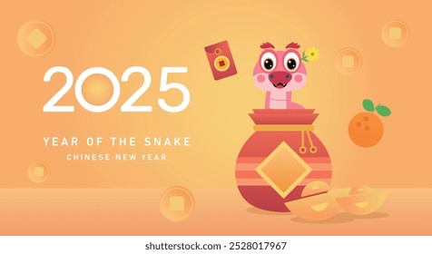 poster of Chinese New Year 2025 , year of snake 2025, playful snake with gold coins and orange and red paper package