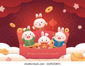 Poster for Chinese New Year, cute rabbit character or mascot, red paper bag with a lot of money, Chinese translation: Spring