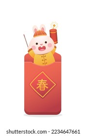 Poster for Chinese New Year, cute rabbit character or mascot with red paper bag or red envelope with tangerine, Chinese translation: Blessing