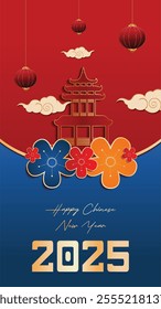 a poster for a chinese pagoda with chinese writing on it, Chinese new year	