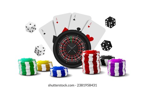 Poster with chips, dice, roulette and poker cards on a white background. A concept for a casino.