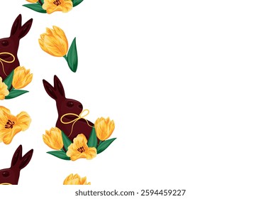 poster with chocolate Easter bunnies sitting on their hind legs and turned to the side with yellow tulips with yellow ribbons, for Easter decorations