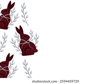 poster with chocolate Easter bunnies sitting on their hind legs and turned to the side with willow branches with gray ribbons, for Easter decorations