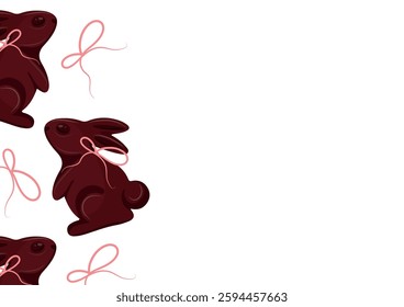 poster with chocolate Easter bunnies standing on their hind legs with pink ribbons, for Easter decorations